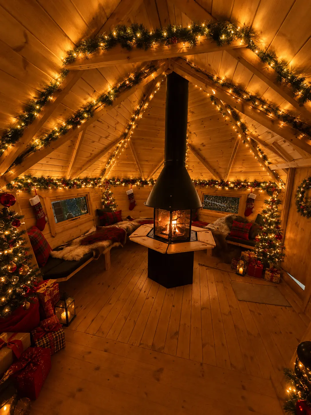 Inside the cosy, lantern-lit grotto with a roaring fire