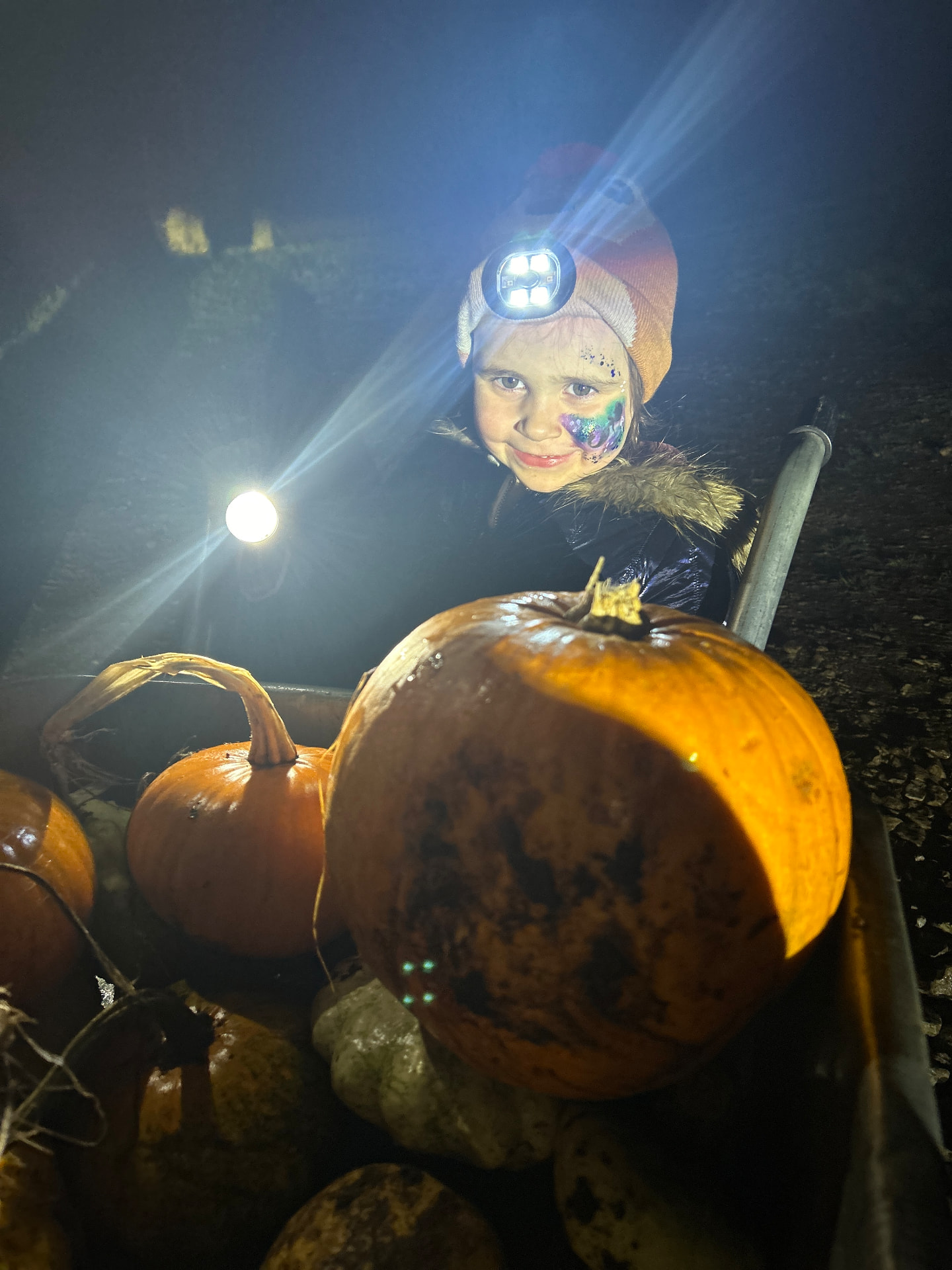 Friends gathered around a fire pit for lantern-lit pumpkin picking after dark